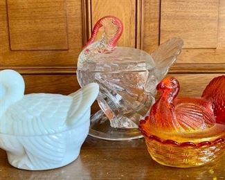 Item 547:  Vintage Turkey Lot - clear in back is LE Smith with Red Snood: Lot of 3 - $65 for pair