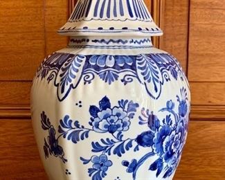 Item 11:  Beautiful covered jar from De Porceleyne Fles also known as Royal Delft coded with the item number, artist's initials, factory mark and the date code - 11.5":  $28