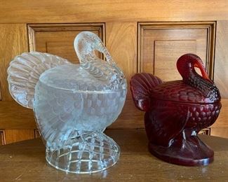 Item 17:  Two More Vintage Lidded Turkeys, clear and ruby red:  $48 for pair                                                                                                              Clear - 7.75"                                                                                                            Red - 5.75"