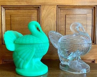 Item 14:  Vintage Lidded Turkeys - 5.75":  Jadeite and clear glass turkeys:  $58.00 for pair