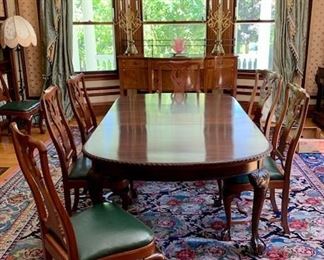 Item 35:  English hand made Chippendale dining room table (1860)  with hand crank and  claw on ball feet -                                                                                               
Table - 12’ by 4’ fully extended including which includes 4 -19” leaves and pads 83.25" x 47.5" with (3) extra leaves 19": $2950
