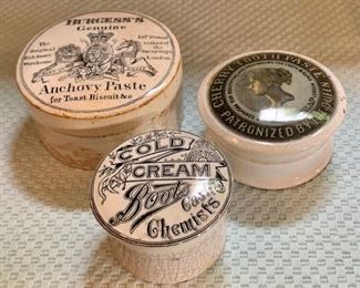 Antique Prattware Pots from England - early 20th c Item 44a: Burgess's Anchovy Paste: $30   SOLD!                                                          Item 44b: Boots Cold Cream: $35    AVAILABLE                                                                     Item 44c: Cherry Tooth Paste: $35         AVAILABLE                                                        