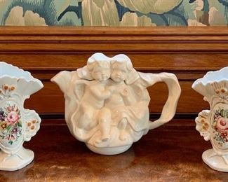 Item 59a:  Pair of Hand Painted Floral Vases: $24                                            Item 59b:  Cherub Teapot - 5.5": $24                                     