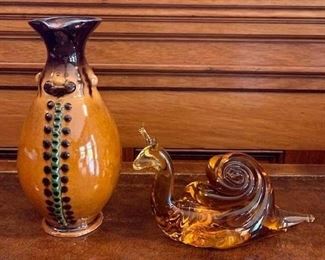 Item 60:  Interesting figural studio pottery vase with art glass snail: $38