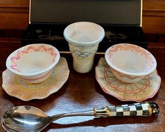 Item 65:  Vintage MacKenzie -Childs items:                                           
Pair of cups and saucers:  $125.00....     SOLD                                          Courtly Check  MC spoon in original box $45.00     SOLD                                                   MC  cup: $24.00  AVAILABLE