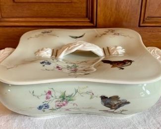 Item 403:  Beautiful hand painted antique covered vegetable dish:  $58.00