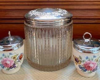 Item 70:  Covered antique biscuit jar :  $32.00                                                                                                               Biscuit jar - 5.5"   SOLD                                                                                                  Set of two Royal Worcester egg coddlers:  $24.00