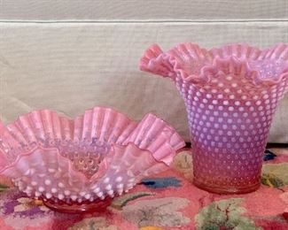 Item 74:  Pink Fenton ruffled hobnail vase - 9" x 7.5":   $65                                                                                                             Item 75:  Pink Fenton  hobnail bowl - 10.5" x 4": $35