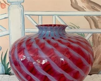 Item 81:  Outstanding example from Young & Constantin- vintage -ruby and gray swirl art glass vase - 9.5":  $245