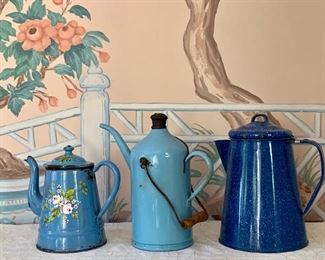 Item 88:  Includes all three - (left) Antique French Enamel Coffee Pot with Hand Painted Flowers, (center)                                           Tallest - 10.5": $150