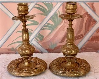 Item 89:  Heavy Ornate Vintage Brass Candlesticks - 8":  $40