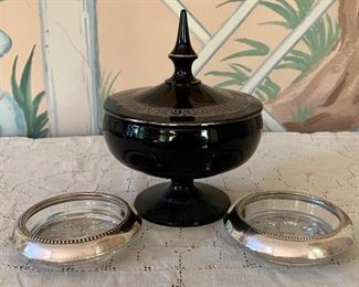 Item 100:  Covered candy dish & (2) sterling silver coasters                                                                                                                       Covered candy dish - 7"                                                                        3 pieces :  $38.00