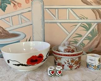 Item 103:  Susie Cooper Wedgewood bowl - 8" x 3.5", Villerory & Boch napkin rings, Russ candlesticks, and Vista Alegre Samurai pattern covered dish (Portugal):                    $125 for lot