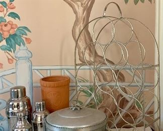 Item 45:  Nice vintage bar lot:...6 pieces three shakers, two wine coolers and wine rack:  $40.00
