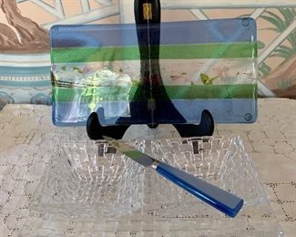 Item 549:  Three pieces:  Divided dish, blue knife and pretty striped plate:  $18.00