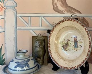 Item 110:  Antique hot water baby bowl, covered butter dish, and owl mold:  $24.00 for lot