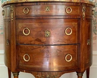Item 113:  Antique Marble top demi-lune cabinet - 41"l x 18.25"w x 35.75"h:  $450