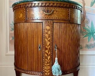 Item 114:  Antique Marble top demi-lune cabinet - (1800-1820). This item is is unbelievable condition for being 200 years old! 30.25"l x 16.25"w x 34.5"h:  $1600