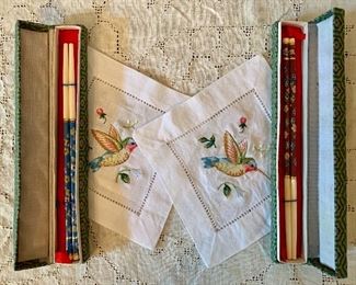 Item 551:  Set of two pairs of chopsticks and two embroidered cocktail napkins:  $22.00