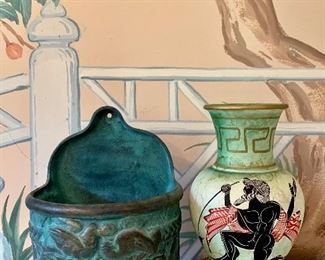Item 552:  Lot  of two, light green vase with male figure and wall mounted verdigris "basket":  $20.00