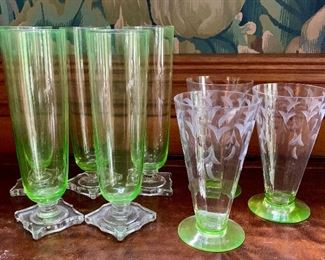 Item 208:  Two sets of green hued glasses, 5 tall and 3 short:  $30