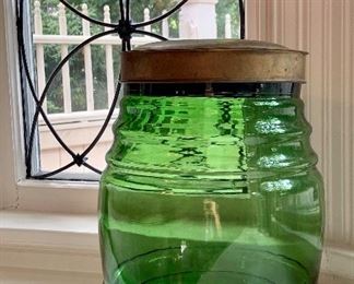 Item 127:  Vintage, large green covered jar, 13.5":  $68