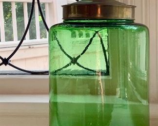 Item 62:  Another beautiful vintage green glass covered canister - 14":  $68