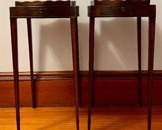 Item 134:  Rare pair of 19th century mahogany tea urn tables, raised gallery with splayed, tapered legs -- - 11" l x 12"w x 25"h: $300