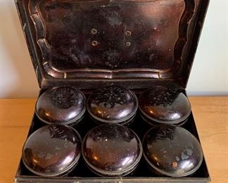 Item 218:  Antique spice caddy with six tins:  $65.00  