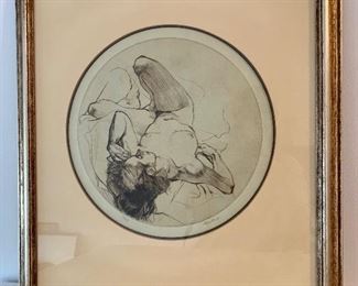 Item 168:  Signed dry point on paper "Figure in a Circle- Joyce Reclining" by Sigmund Abeles- 1968 (13/50) - 20.5" x 22.5":  $245                                                                               
