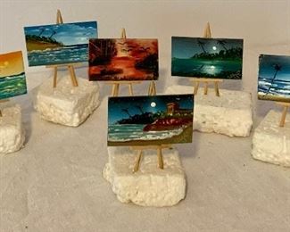 Item 417:  Six teeny weeny signed miniature paintings with toothpick stands:  $30 for all.