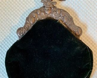 Item 255:  Antique ca 19th c Black Velvet Chatelaine Bag with Silver Repousse:  $300