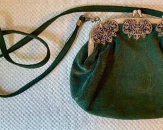 Item 424: Vintage Green suede bag with silver filigree, Germany:  $60.00