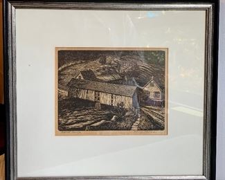 Item 152:  "Covered Bridge" by Harry Shokler - wood cut etching- 15.75" x 14.25":  $165.00