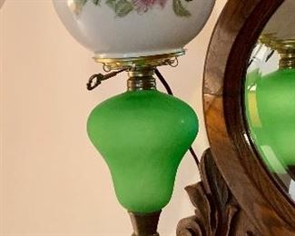 Item 129:  Antique parlor lamp with painted flower shade- stands on a marble base and has brass accents - 26":  $150