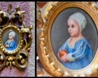 Item 33:  Small antique painting on porcelain in gold gilded frame - 1.5" x 1.75": $45
