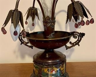 Item 141:  Art Nouveau Epergne Form Table Lamp with vase insert and reverse painting inside glass- missing a crystal or two here and there and there is some paint loss to the base of the epergne - 18.5":  $145