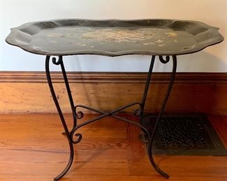 Item 138:  Hand painted tole tray on iron stand - 29"l x 21.5"w x 20.25"h: $85