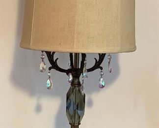 Item 128:  Hollywood Regency vintage Italian bronze lamps w/ smoke glass crystals, mottled marble lamp base 35":  $125