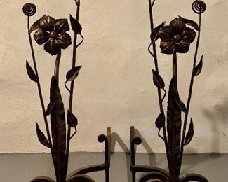 Item 335:  A pair of 19th c -Arts and Crafts antique wrought iron andirons with scrolled feet and floral style mounted detail - 34.5" x 28": $450