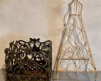 Item 493:  Vintage Metal Box/Planter on left along with White Garden Form: $70