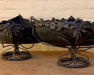 Item 238:  Antique, 19th c urn planters with wrought iron design, shaped metal insert for planting and scrolled iron base - 22" x 12": $450