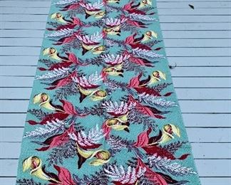 Item 278:  So pretty! Long swath of aqua blue barkcloth imprinted with pink leaves and yellow flowers - 4.47 yards x 32" wide: $125