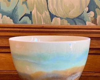 Beautiful studio pottery bowl, brown and sky blue swirl: $36