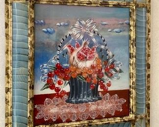 Item 43:  Vintage Reverse Painting on Glass with Basket and Fruit, Artist Suzy Bartolini, France - 17.25" x 19": $450