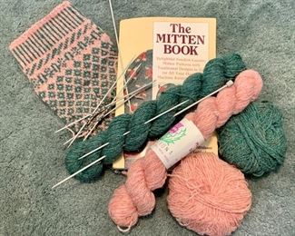 Item 565:  Green and Pink Yarn, Needles and Mitten Book: $20