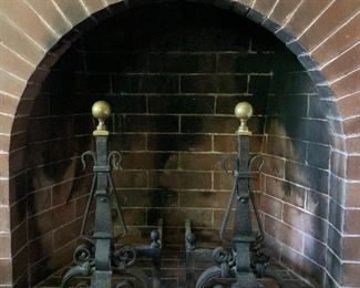 Item 333:  Antique Cast Iron Scrolled Andirons with Brass Finials and Poker - 25.75" x 21": $275