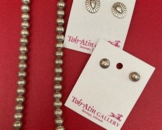 Item 271:  Vintage sterling silver necklace and two sets of sterling earrings from Toh-Atin Gallery in Colorado:   $125.00