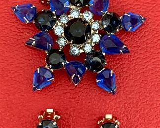 Item 583:  Vintage blue rhinestone pin and earring set:  $45.00