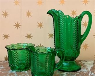 Item 305:  Three piece vintage emerald green set: Water pitcher, cream and sugar: $38.00                                                             Water pitcher - 9"